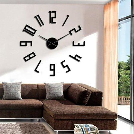 Big Mirror Numbers Modern DIY Large Wall Clocks Frameless Silent Sweep Non-Ticking Modern Decorative Wall Watch for Living Room(Black,27inch)