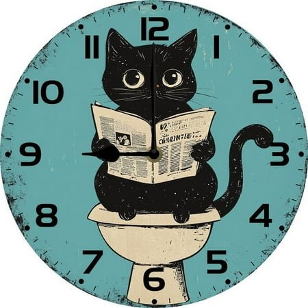 Black Cat Bathroom Decor Wall Clock Funny Bathroom Wall Art Pooping Clock for Toliet 10 Inch Silent Wood Clocks Battery Operated Non Ticking Easy to Read for Washroom Restroom