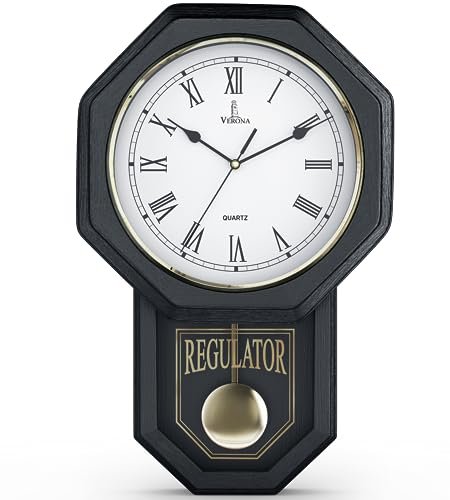 Black Pendulum Wall Clock - Real Wood Regulator Clock - Rustic, Farmhouse Schoolhouse Design 18x11 - Quiet, Non-Chiming, Wooden & Battery Operated - Decorative Wall Decor for Living Room, Home, Office