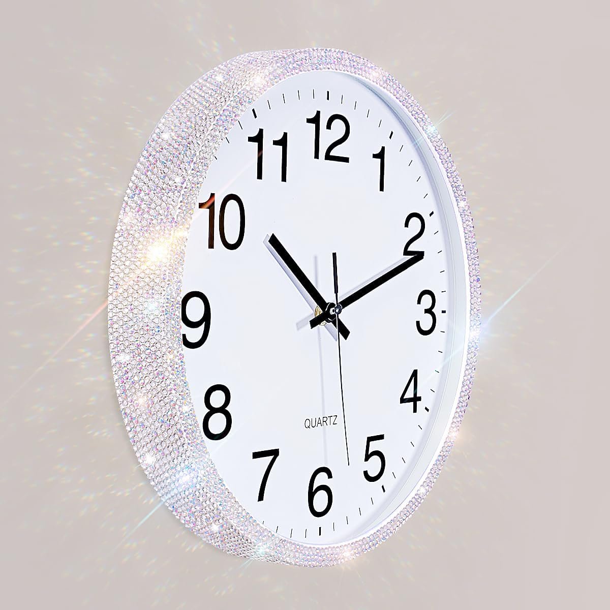 Bling Round Wall Clock for Wall Decoration, Glass Rhinestone Full Coverage Clock Sparkle Twinkle Glitter Home Decor. AA Battery is not Included (Silver 12x12x1.8 inches)