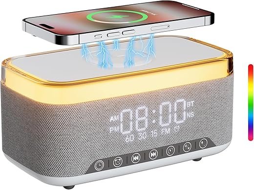 Bluetooth Speaker Alarm Clock with 10w Fast Wireless Charger for iPhone Samsung, 10W Stereo Bluetooth Speaker, 12-Color Night Light, White Noise Machine Digital Clock with FM Radio for Bedroom