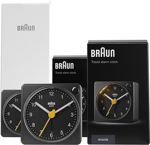 Braun Classic Black Travel Analogue Alarm Clock Home Gift Bundle with Snooze and Light, Compact Size, Quiet Quartz Movement, Crescendo Beep Alarm in Black, Model BC02XB (2 Pack)