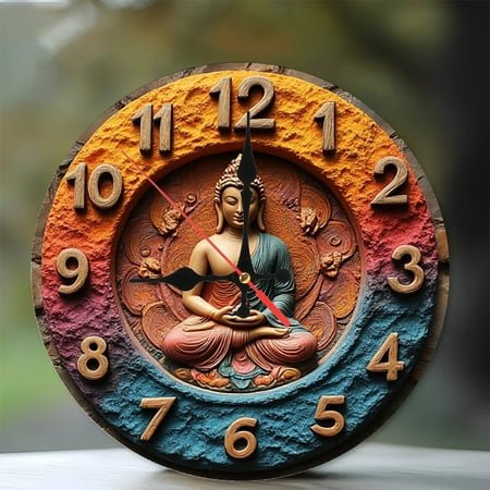 Buddha Statue Wall Clock Home Decor 10-Inch Silent Wooden Wall Clock, Battery Operated (AA Batteries Not Included), Artistic Home Decor