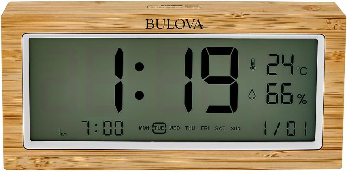 Bulova Brookside LCD Alarm Clock B1375 | Natural Bamboo Case with Temperature & Humidity Display | Quartz Movement | Battery Operated | Touch Light & Weekender Alarm