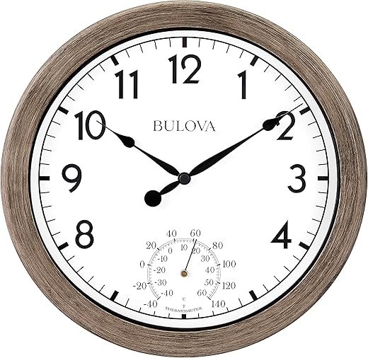 Bulova Patio Time Wall Clock C4879 | 10.25" Rattan-Look Waterproof High-Impact Case with Thermometer | High-Heat Resistant | Battery Operated | Indoor/Outdoor Decorative Clock