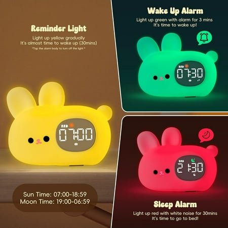 Bunny Alarm Clock with Night Light for Kids with Sleep Training and Sound Machine, Rechargeable Silicone Lamp OK to Wake ClockCute Animal Tabletop Lamp, Perfect Sleep Companion for Boys Girls