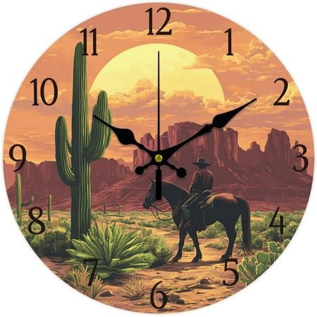 Cactus Cowboy Wall Clock 12 Inch Battery Operated Wall Clock Sunset Non Ticking Silent Decorative Clock for Office Bedroom Home Decor