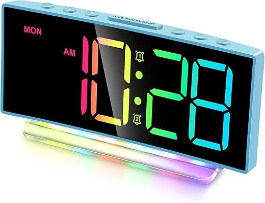 Cadmos Loud Alarm Clock for Heavy Sleepers Adults,Kids,Teens,Digital Desk Clock with USB Port,Large Numbers,7 Color Night Light,Modern Electronic Plug in Simple Clock for Bedroom(Blue+Dynamic)