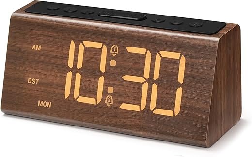 Cadmos Wooden Digital Alarm Clock for Bedroom,Electric Desk Clock with USB Port,Loud Alarm for Heavy Sleepers,Adjustable Volume & Dimmer,Snooze,DST,Wood Decor,Bedside & Desk Us(Brown - Amber Digits)