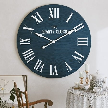 CBJCBJ 35.5” Farmhouse Large Shiplap Round Wall Clock with Roman Numeral for Living Room Decor, Blue