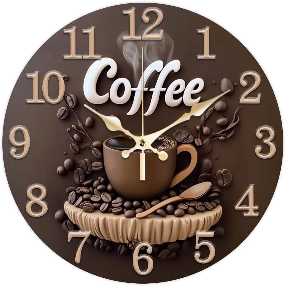 CHGCRAFT 3D Coffee Bean Pattern Wall Clock 12 Inch Non-Ticking Clocks Round Wall Hanging Clock Battery Operated for Bedroom Living Room Kitchen Office