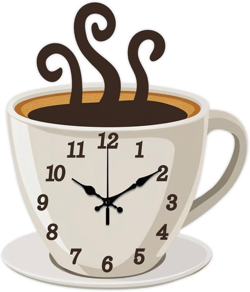 CHGCRAFT Coffee Wall Clock Coffee Cup Non-Ticking Clock Irregular Shape Decorative Wall Clocks Printed Clock for Home Office Decoration,15×13 inch