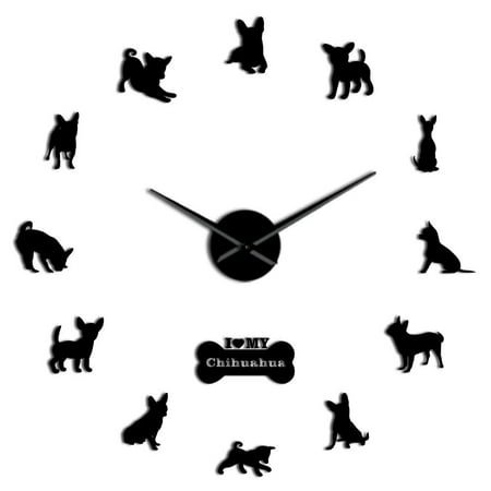 Chihuahua Mexico Dog Frameless Wall Clock Stickers, DIY Modern Decorative Clocks for Living Room, Bedroom, Office - Easy to Install, Large 3D Clock Design (Black,27in)