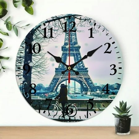 Chilfamy 10 Inch Round Wooden Wall Clock Eiffel Tower Print Wall Decor for Living Room - Ideal for Home Decor & Everyday Gifts 10x10in