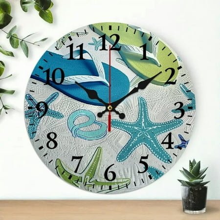 Chilfamy Starfish Flip Flops Ocean Wall Clock 10 Inch Battery Operated 10x10in