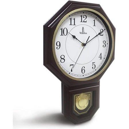 chiming wall clock with pendulum - schoolhouse regulator clock with westminster chime - battery operated for living room, office & home decor 17x11