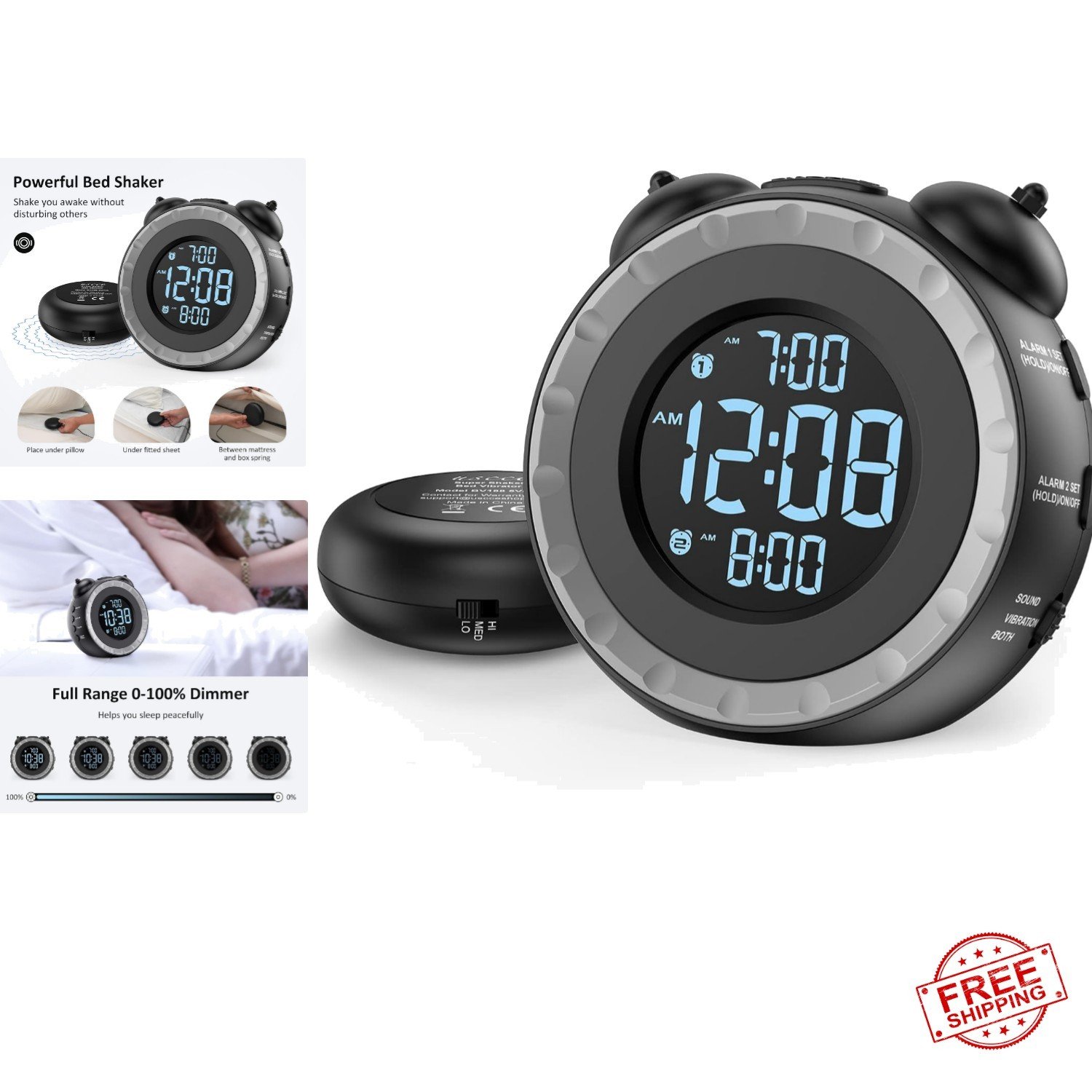 Classic Vibrating Alarm Clock with USB Charging & Adjustable Brightness, Black