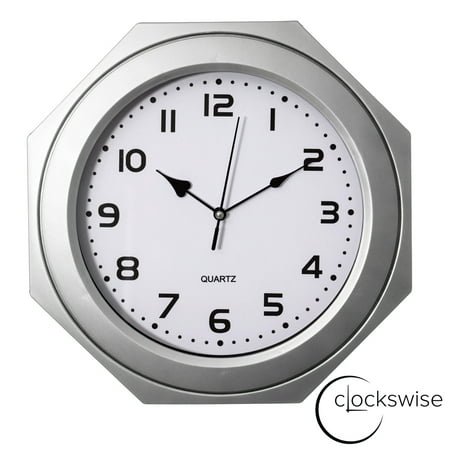 Clockswise 12-in Non-Ticking Octagon Plastic Analog Wall Clock - Elegant Decorative Accent for Home Décor in Bedroom, Bathroom, Living Room, Dining Room, Entryway, Hallway, Kitchen or Office, Silver
