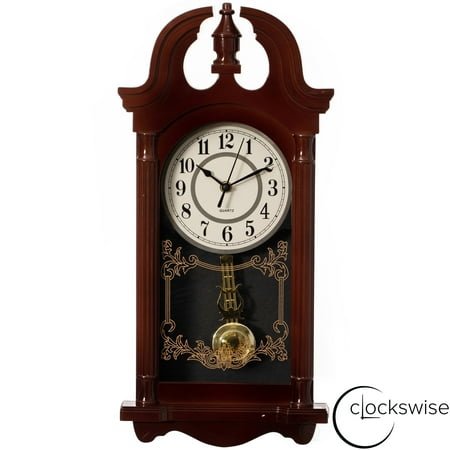 Clockswise 20 Vintage-Inspired Plastic Grandfather Wall Clock with Realistic Wood-Grain Finish Swinging Pendulum Battery-Operated Decorative Accent for Home Office Living Room Kitchen Hallway, Brown