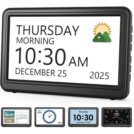 Clock with Day and Date for Elderly, 7 Large Display Digital Calendar Day Clock with 20 Custom Alarms and Medicine Reminders, 12 Display Modes, Dimmable Dementia Alzheimers Clocks for Seniors