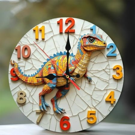 Colorful Dinosaur Wall Clock for Home Decor 10-Inch Silent Wooden Wall Clock, Battery Operated (AA Batteries Not Included), Artistic Home Decor