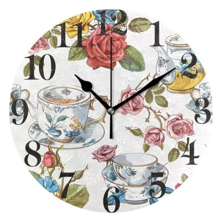 Colorful Rose Flower with Teapot Wall Clock 9.8 inch Battery Operated Clocks Non-Ticking Silent for Bedroom Office Kitchen Living Room