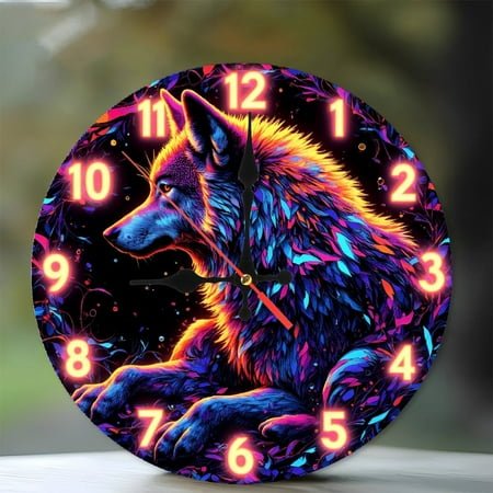 Colorful Wolf Decorative Wall Clock with LED 10-Inch Silent Wooden Wall Clock, Battery Operated (AA Batteries Not Included), Artistic Home Decor