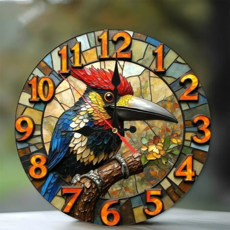 Colorful Woodpecker Stained Glass Wall Clock Decor 10-Inch Silent Wooden Wall Clock, Battery Operated (AA Batteries Not Included), Artistic Home Decor