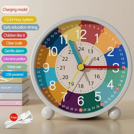 COM1950s Analog Alarm Clock for Kids Learn To Tell Time with Colorful Dial,Desk Clock,Silent Clock Movement,Battery Operated with Back-Light,for Kids,Teens,Travel and Nice Bedroom Decor (White)