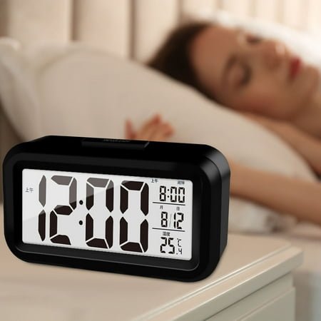 COM1950s Upgraded Digital Alarm Clock,4.3 Led Display with Temperature Larger Lound Light Control Portable Snooze Calendar Brightness with Battery Powered Alarm Clocks Bedside for Everyone