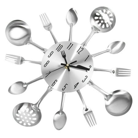 COSMOBETTY 1Pcs Cutlery Kitchen Wall Clock 32In for Home Decor Item and Living Room Modern Style Silver