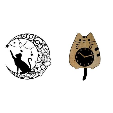 CoudarTitie Metal Cat Wall Decor Black Cat Wall Art Metal Moon Decor Wall Sculpture Cute Silent Wall Clock Home Decoration Housewarming Gift Cat Lover Gifts