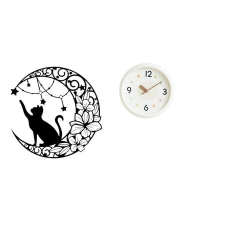 CoudarTitie Mystical Black Cat Moon Metal Wall Art Sculpture with Modern Round Quiet Wall Clock Large Numerals for Home Office Study Room Decor