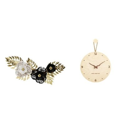 CoudarTitie Nordic Metal Wall Art Sculpture with Flower Leaves and Wood Clock Minimalist Modern Decorative Hanging Ornament for Dining Room Bedroom Office Home