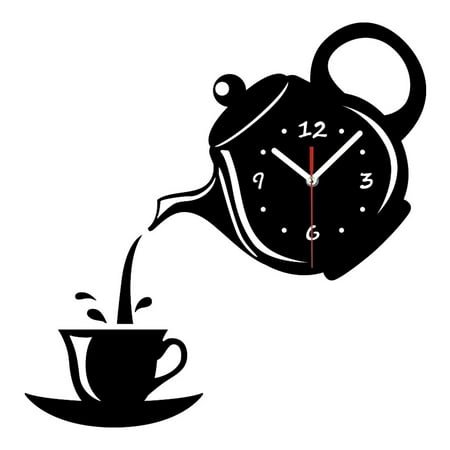 Creative DIY Acrylic Coffee Cup Teapot 3D Wall Clock Decorative Kitchen Wall Clocks Living Room Dining Room Home Decor Clock 039 (black)