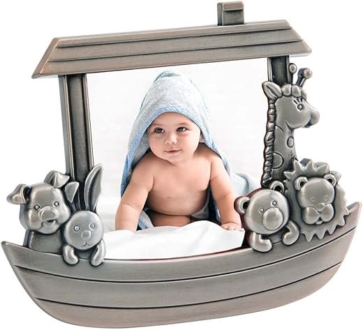 Creative Gifts International Noah's Ark Newborn Baby Photo Frame, 3x3, Non-tarnish Brushed Pewter Finish, Gift Box Included