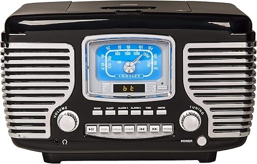 Crosley CR612B-BK Corsair Retro AM/FM Alarm Clock Radio and CD Player with Stereo Bluetooth Speakers, Black