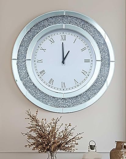 Crushed Diamond Wall Clock Round Decorative Mirrored Clock 24 inch Silver