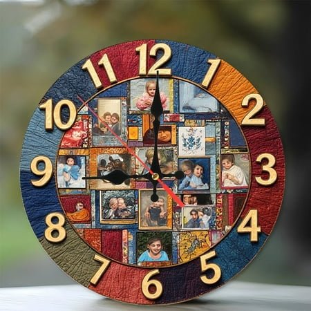 Custom Family Photo Collage Clock Wall Decor 10-Inch Silent Wooden Wall Clock, Battery Operated (AA Batteries Not Included), Artistic Home Decor