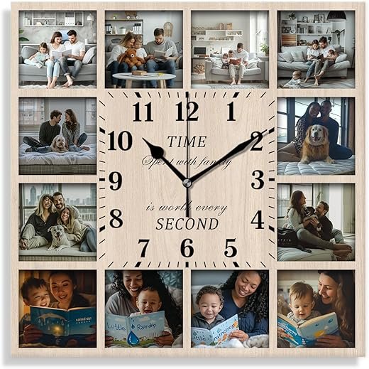 Custom Wall Clock, 12 Pictures Personalized Picture Clock for Creative, Battery Operated Square Clock Silent Non-Ticking for Home Decor