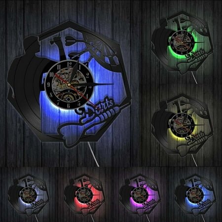 Darts Wall Art Man Cave Game Room Decoration Modern Wall Clock Dart Board Pub Bar Darts Game Night Club Vinyl Record Wall Clock With LED