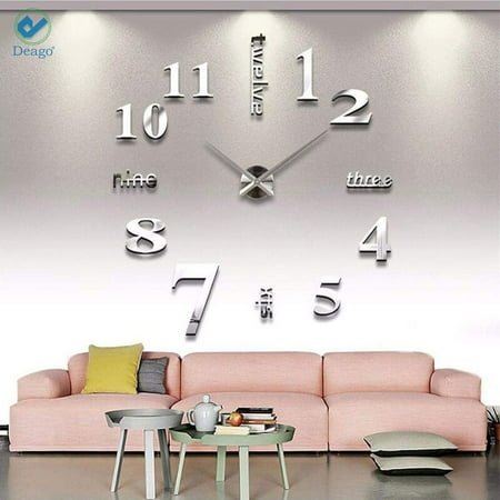 Deago Frameless DIY Wall Clock,Large Modern 3D Mirror Wall Clock Decor Sticker DIY Clock kit for Home Living Room Bedroom Office Decoration (Silver)