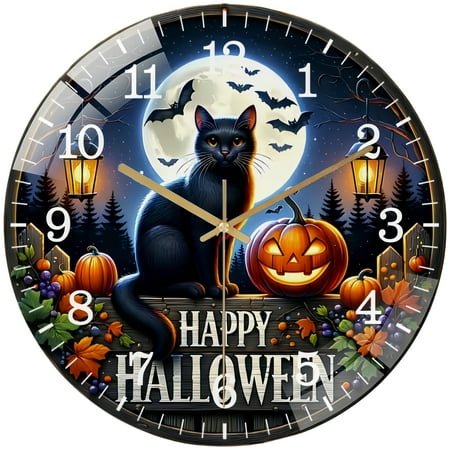 Decorative Clocks:Happy Halloween Black Cat Glass Wall Clock , Jack O Lantern Wreath Glass Wall Clock for Homes, Bars, Offices, Man Caves, Garages, And Living Rooms