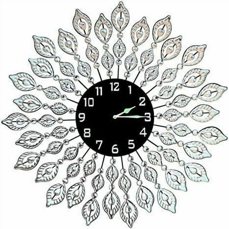 , Decorative Leaf Metal Wall Clock, Black Glass Dial Diameter 25, Perfect for Housewarming Gift (Crystal Clock Black1)