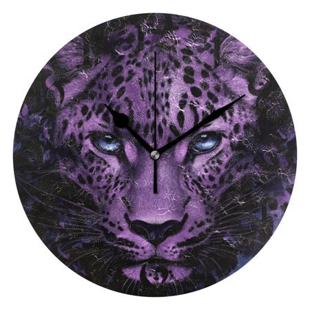 DEIARA Purple Leopard Burgundy Butterfly Wall Clock 10in Silent Mechanism Battery Operated Retro Style for Living Room Bedroom and Kitchen Black Pointer