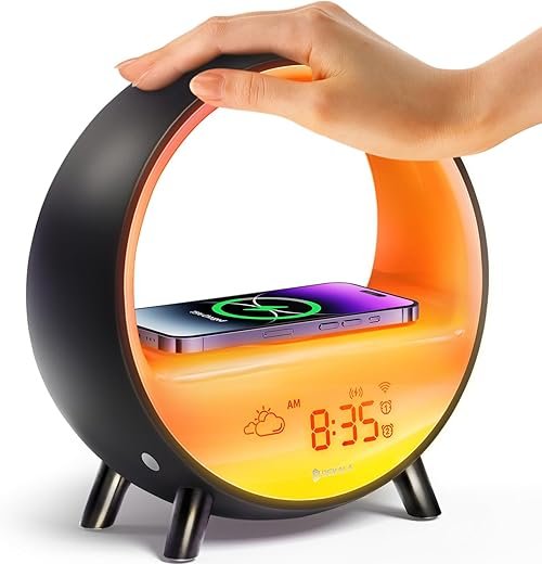 Dekala Arches Sunrise Alarm Clock Sunset White Noise Sound Machine Sleep Timer Loud Alarm Clock for Heavy Sleepers Natural Sound Wake-Up Light 15W Wireless Charging Customizable Snooze 5G WiFi App