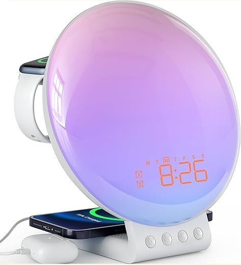 Dekala Sunrise Alarm Clock, White Noise Sound Machine, 3-in 1 Wireless Charger Clocks, Night Lamp with 11 Light, Alarm Clock for Heavy Sleepers Adults, Compatible with Apple Watch/Airpods/iPhone