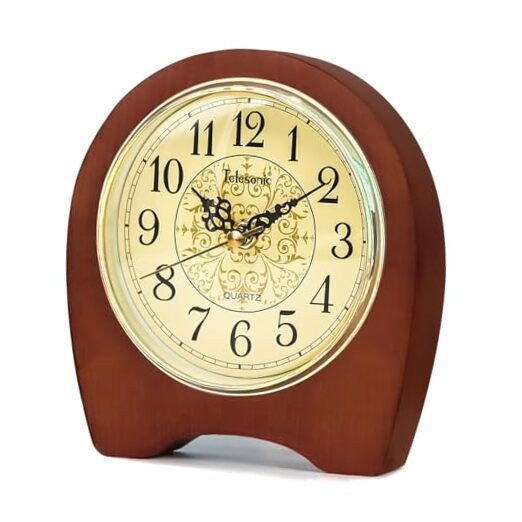 Desk Clock, Wooden Silent Table Clock, Battery Operated Vintage Clock Brown