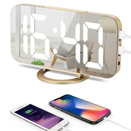 Digital Alarm Clock，6.6 Large Mirrored LED Clock Modern Mirror Desk Wall Clock with Dual USB Charger Ports Home Desk Alarm Clock (Gold)