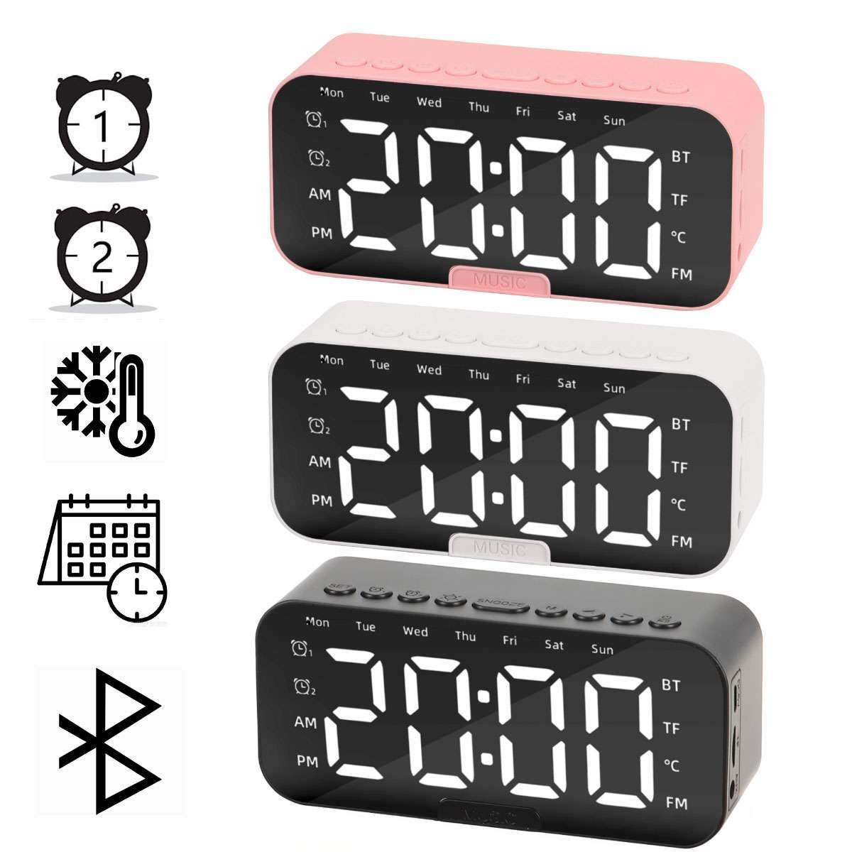 Digital Alarm Clock FM Radio Mirror LED w/Wireless Speaker USB Rechargeable USA